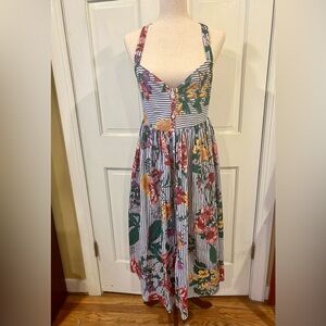 J.J.’s Fairyland Women’s Flirty Sz L White & Blue Striped Floral Maxi Dress, NWT
